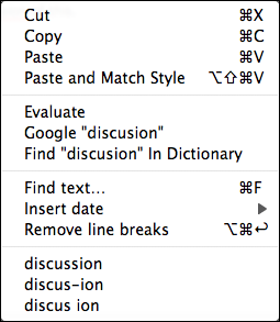 Note Window text area: pop-up menu Note Window text area: pop-up menu