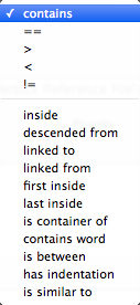 Agent/Find - query operator pop-up menu Agent/Find - query operator pop-up menu